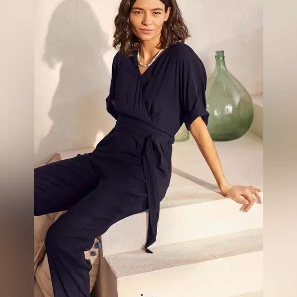 Boden Alice Faux Wrap Front Jumpsuit Short Sleeves Navy Blue Size 4 Petite NEW - Picture 2 of 13